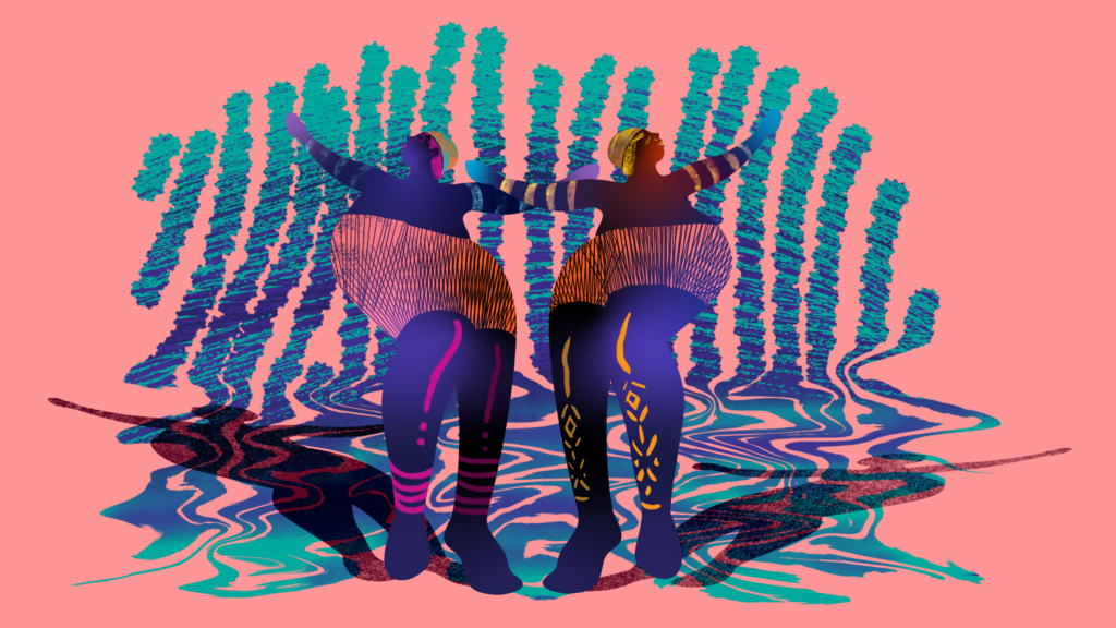 Ilustración abstracta de dos figuras humanas bailando sobre fondo rosado con patrones ondulados en azul y morado, simbolizando energía y conexión.