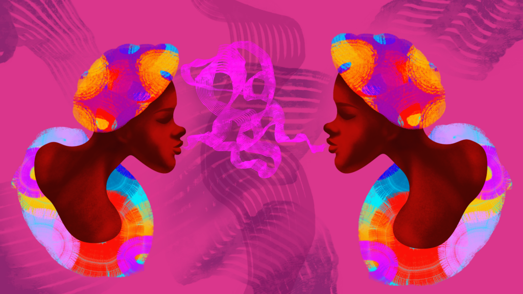 Ilustración digital vibrante con dos mujeres afro enfrentadas sobre fondo rosa intenso, conectadas por una forma abstracta púrpura que simboliza comunicación y energía; ambas llevan tocados y collares multicolores con tonos naranja, azul, violeta y rosa.