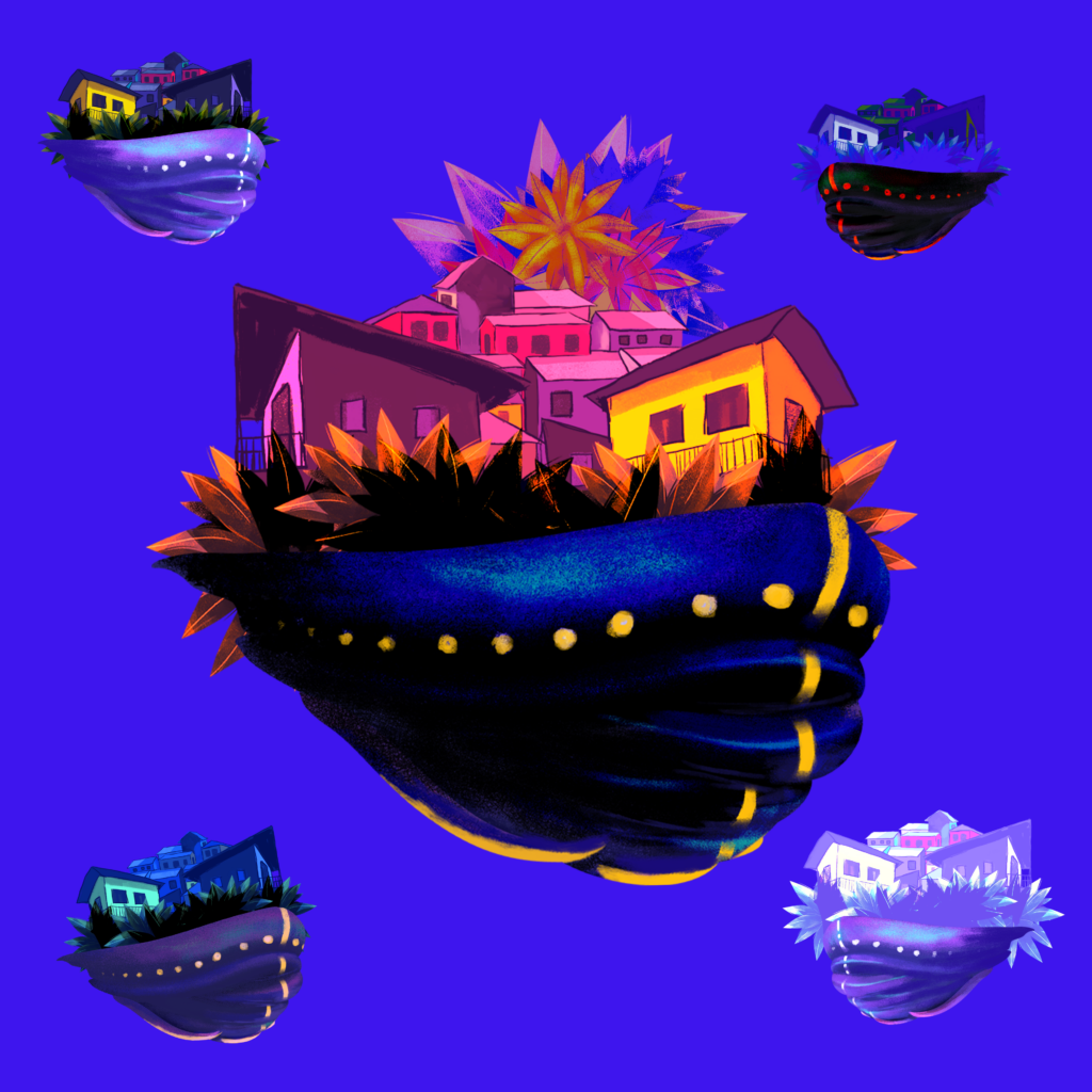 Ilustración digital surrealista de un barco azul con detalles amarillos que sostiene un conjunto de casas coloridas rodeadas de hojas y flores brillantes, sobre fondo azul intenso con versiones flotantes del mismo motivo en las esquinas.