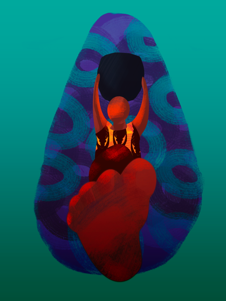 Ilustración abstracta de figura humana en tonos cálidos levantando una vasija sobre fondo azul y turquesa con patrones circulares.