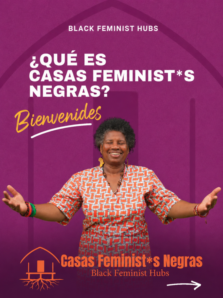 Mujer afro sonriente con brazos abiertos frente a fondo púrpura, texto promocional de Casas Feminists Negras, iniciativa de Black Feminist Hubs